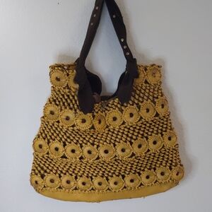 Slouchy Yellow and Brown Woven Bag Goth Witchy Grunge